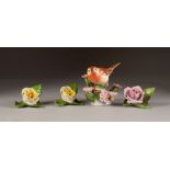 FOUR PIECES OF HEREND, HUNGARIAN HAND PAINTED PORCELAIN, comprising: ROBIN PERCHED ON FLOWERING