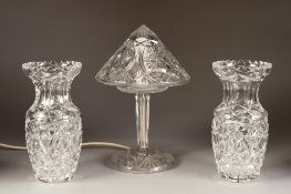 CUT GLASS TWO PART SMALL TABLE LAMP, with conical shade, 12" (30.5CM) HIGH, together with a PAIR