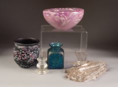 THREE PIECES OF SPECKLED GLASS, comprising: PINK AND WHITE IRIDESCENT BOWL, 4" (10.2cm) high, 8" (