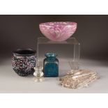 THREE PIECES OF SPECKLED GLASS, comprising: PINK AND WHITE IRIDESCENT BOWL, 4" (10.2cm) high, 8" (