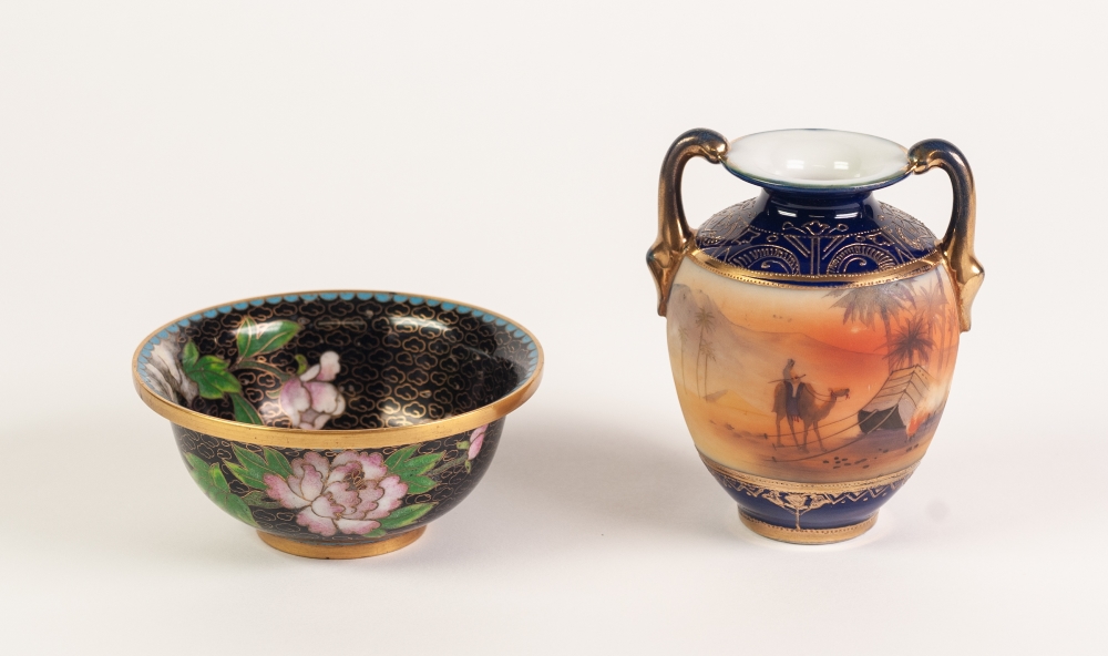 NORITAKE PORCELAIN TWO HANDLED SMALL VASE, painted with desert scene, 4" (10.2cm) high, and a MODERN