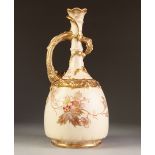 ROYAL BONN, BLUSH POTTERY EWER, of footed baluster form with ornate scroll moulded handle to the