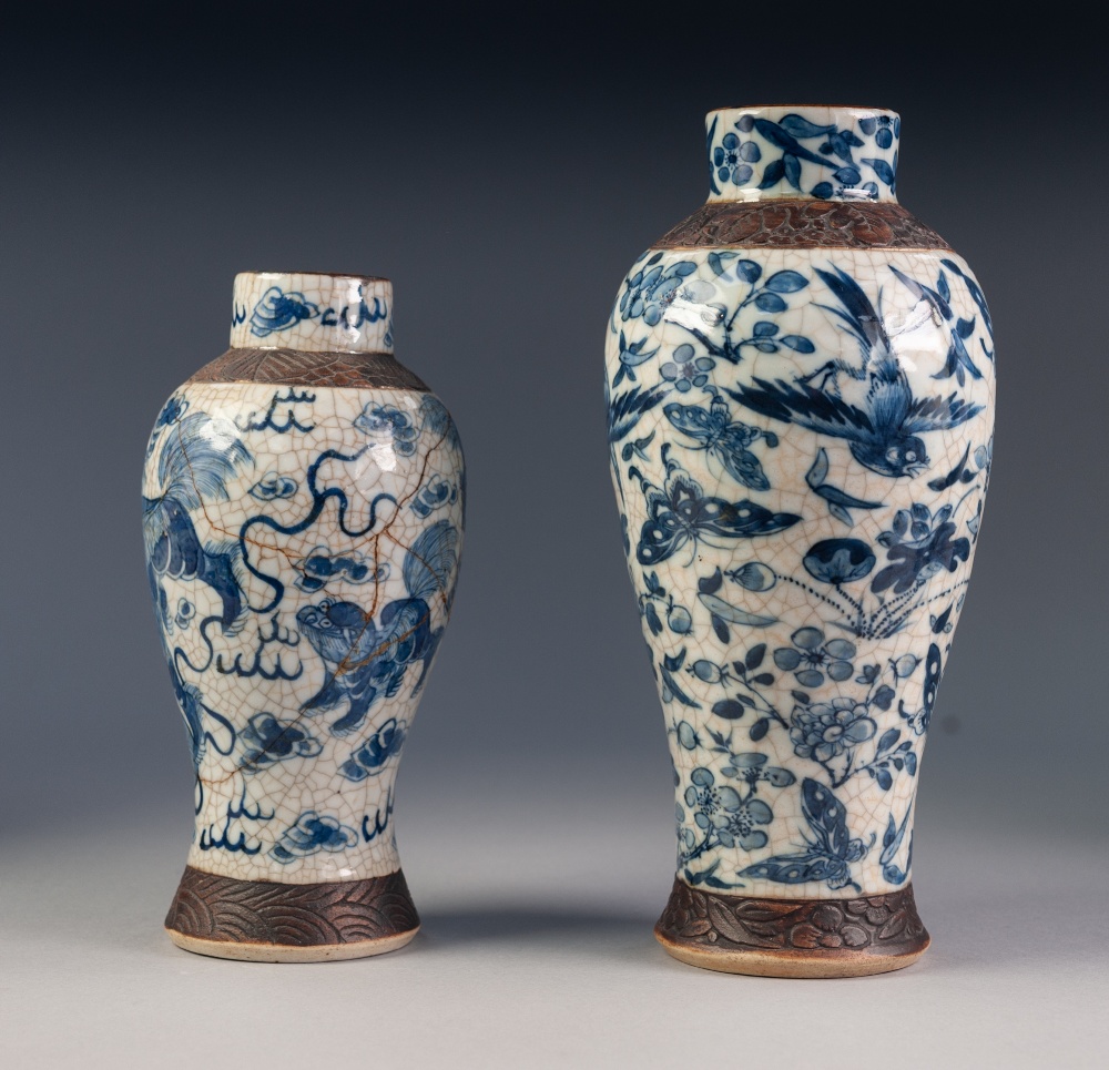 CHINESE CRACKLE WARE SLENDER OVULAR BLUE AND WHITE VASE, painted autour with butterflies, birds - Image 4 of 4