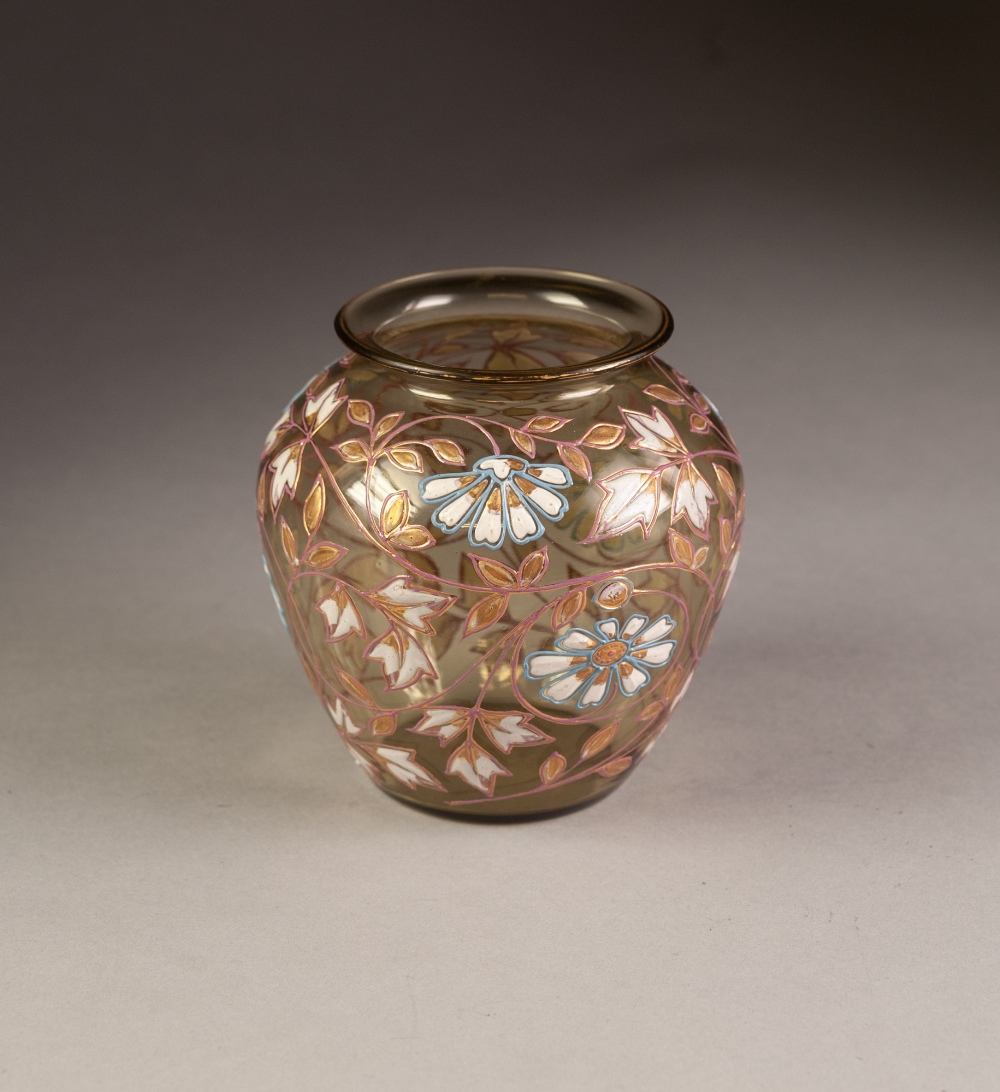 FRITZ HEKERT ENAMELLED GLASS VASE, of ovoid form, painted in colours and gilt with designs of