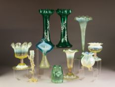 SEVEN PIECES OF VASELINE GLASS, including a 'Jack in the Pulpit' vase with blue tinted rim, 7" (17.