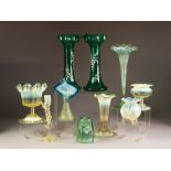 SEVEN PIECES OF VASELINE GLASS, including a 'Jack in the Pulpit' vase with blue tinted rim, 7" (17.