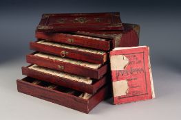 CHINESE BONE AND BAMBOO MAH-JONG SET, housed in a four drawer redwood box with sliding front panel