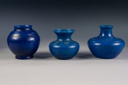 TWO PILKINGTONS ROYAL LANCASTRIAN KING FISHER BLUE POTTERY VASES, both of squat form, 3 ¾" (9.5cm)