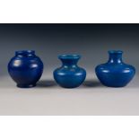 TWO PILKINGTONS ROYAL LANCASTRIAN KING FISHER BLUE POTTERY VASES, both of squat form, 3 ¾" (9.5cm)