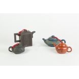 FOUR CHINESE YIXING STONE CHINA TEAPOTS, in varying colour clays, also an INDIAN CARVED IVORY