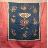 A CHINESE LATE QING/REPUBLIC PERIOD SILK AND GOLD THREAD EMBROIDERED VERTICAL HANGING, the blue