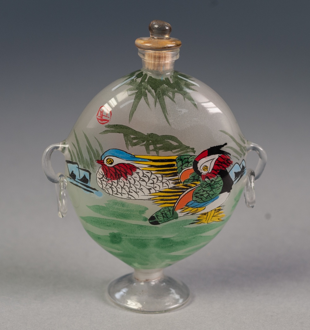 20th CENTURY CHINESE GLASS SNUFF BOTTLE, inside painted with mandarin ducks and geese, the bottle - Image 2 of 5