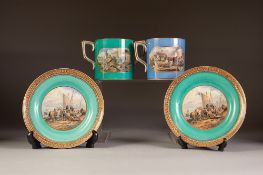 FOUR PIECES OF NINETEENTH CENTURY PRATT WARE POTTERY, comprising: TWO HANDLED LOVING CUP, turquoise,