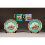 FOUR PIECES OF NINETEENTH CENTURY PRATT WARE POTTERY, comprising: TWO HANDLED LOVING CUP, turquoise,