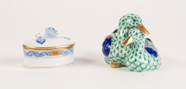 HEREND PORCELAIN SMALL GROUP OF TWO DUCKS, and a HEREND PORCELAIN OVAL SMALL BOX AND COVER with rose