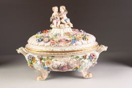 A GOOD LATE NINETEENTH CENTURY MEISSEN PORCELAIN OVAL TUREEN AND COVER, the base encrusted with