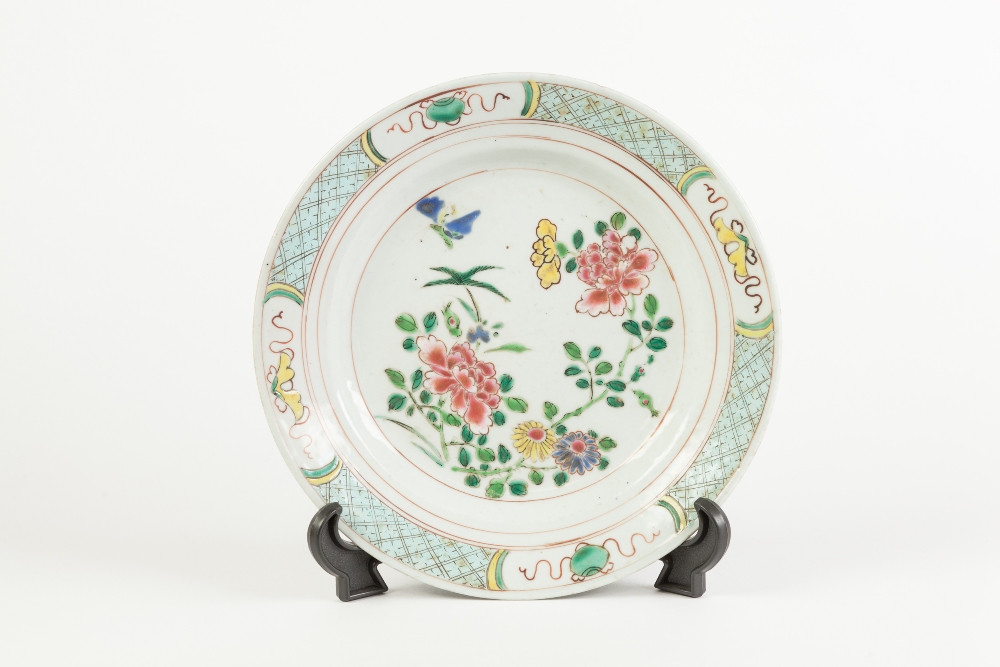 19th CENTURY CHINESE PORCELAIN SHALLOW DISH, polychromed in overglaze enamels with peony and other