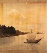 UNATTRIBUTED (EARLY TWENTIETH CENTURY JAPANESE SCHOOL) WATERCOLOUR DRAWING ON FABRIC River scene