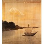 UNATTRIBUTED (EARLY TWENTIETH CENTURY JAPANESE SCHOOL) WATERCOLOUR DRAWING ON FABRIC River scene