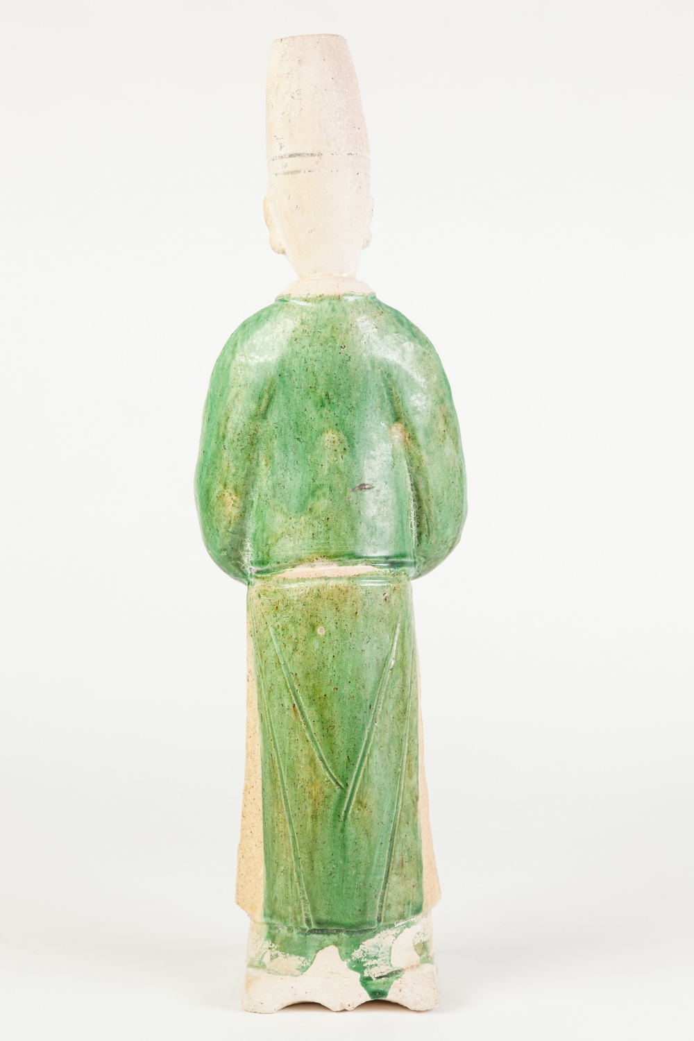 A CHINESE POSSIBLY MING DYNASTY PARTIALLY GREEN SHADING TO YELLOW GLAZED BISCUIT POTTERY FIGURE, - Image 2 of 2