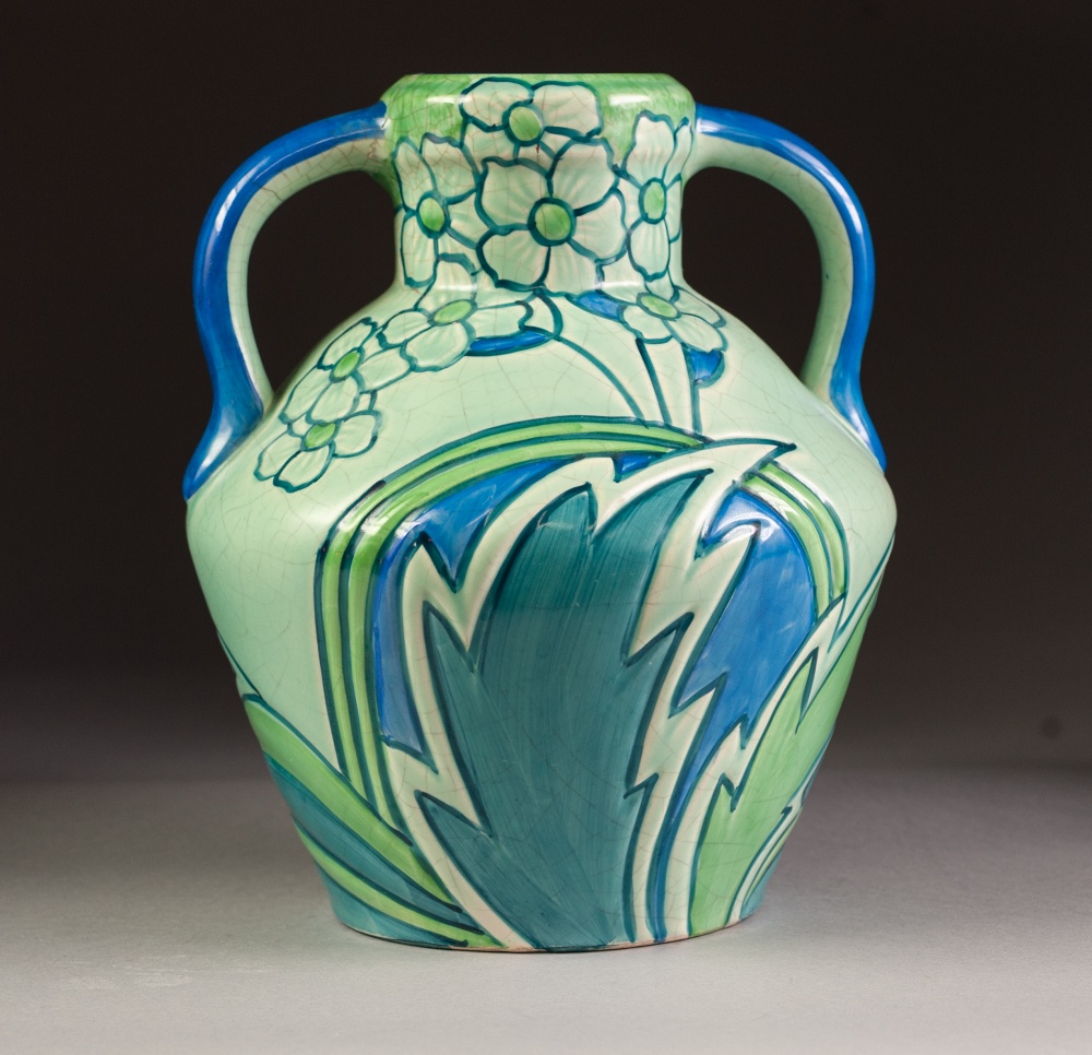 a 1930's THOMAS FORESTER AND SON 'CLASSIC' DESIGN TWO HANDLED POTTERY VASE, moulded and painted in - Image 3 of 4