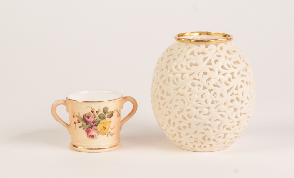 GRAINGER ROYAL CHINA SMALL RETICULATED VASE, of ovoid form, intricately worked with foliate - Image 3 of 3