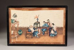CHINESE QING DYNASTY WATERCOLOUR DRAWING ON RICE PAPER, depicting figures at a table in an