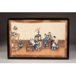 CHINESE QING DYNASTY WATERCOLOUR DRAWING ON RICE PAPER, depicting figures at a table in an