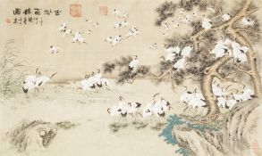 AN EARLY TWENTIETH CENTURY CHINESE WATERCOLOUR ON SILK PICTURES, of approx 100 cranes wading and