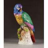 MODERN DRESDEN PORCELAIN MODEL OF A PARROT, painted in colours and modelled perched on a stump,