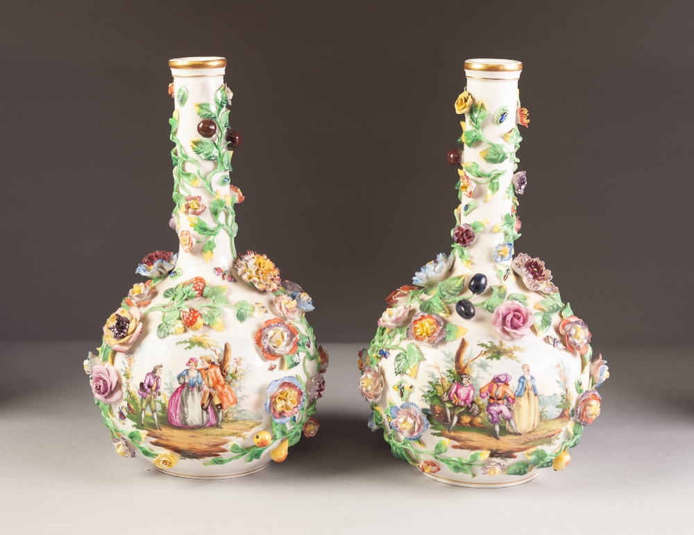 A PAIR OF LATE NINETEENTH CENTURY DRESDEN PORCELAIN BOTTLE SHAPED VASES, each encrusted with - Image 3 of 3