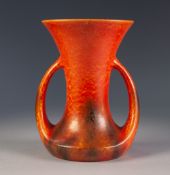 PILKINGTONS ROYAL LANCATRIAN ORANGE VERMILLION GLAZED TWO HANDLED POTTERY VASE, of waisted form with