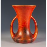 PILKINGTONS ROYAL LANCATRIAN ORANGE VERMILLION GLAZED TWO HANDLED POTTERY VASE, of waisted form with