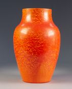 PILKINGTONS ROYAL LANCASTRIAN ORANGE VERMILLION GLAZED POTTERY VASE, of ovoid form, 10 ½" (26.7cm)