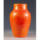 PILKINGTONS ROYAL LANCASTRIAN ORANGE VERMILLION GLAZED POTTERY VASE, of ovoid form, 10 ½" (26.7cm)