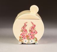 A 1930's CLARICE CLIFF (Wilkinson Ltd) DRUM SHAPED PRESERVES JAR with cover, painted with Hollyhocks