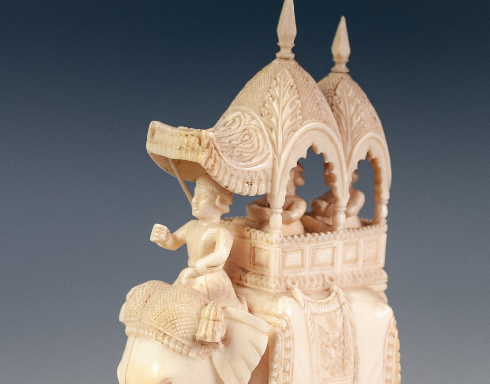 EARLY TWENTIETH CENTURY INDIAN CARVED IVORY GROUP OF FIGURES IN A HOWDAH ON A CEREMONIAL ELEPHANT, - Image 2 of 7