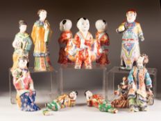 COLLECTION OF EIGHT MODERN CHINESE CERAMIC FIGURES, including a bowl with three figural supports and