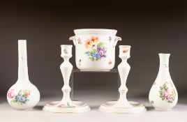 FIVE PIECES OF FLORAL PAINTED HEREND, HUNGARIAN PORCELAIN, comprising: PAIR OF CANDLESTICKS, 7" (