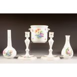FIVE PIECES OF FLORAL PAINTED HEREND, HUNGARIAN PORCELAIN, comprising: PAIR OF CANDLESTICKS, 7" (