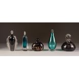 FIVE MODERN CASED GLASS PERFUME BOTTLES AND STOPPERS, including a speckled brown example by