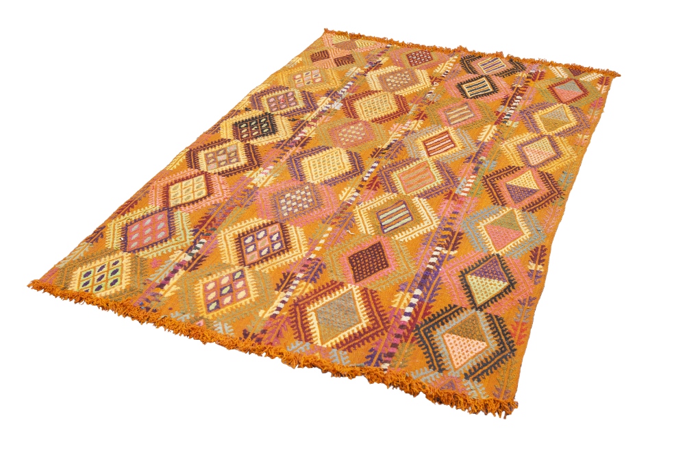 HAND WOVEN KELIM RUG, with four rows of diamond shaped pole medallions on an orange field, 5' 4" x