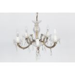 GILT METAL AND MOULDED GLASS FIVE LIGHT ELECTROLIER, with scroll arms, cut glass drops and