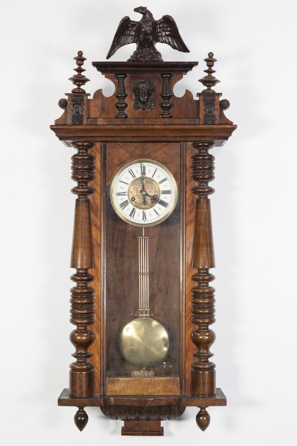 CIRCA 1900 GERMAN WALNUT CASED WALL CLOCK with spring driven movement and bi-metallic compensating