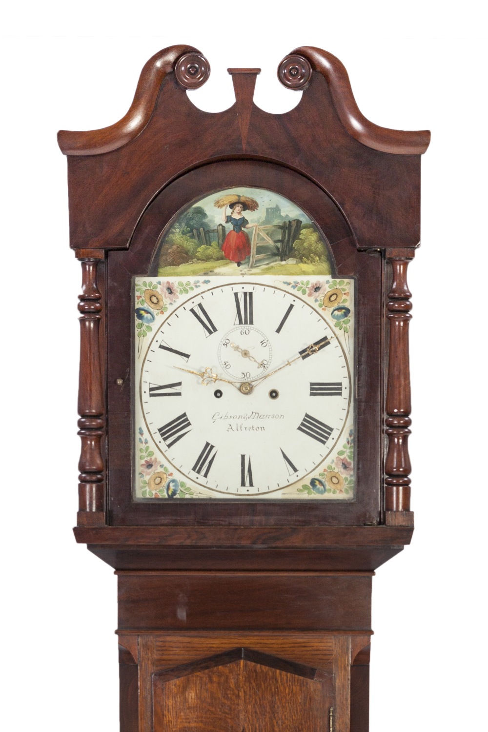 EARLY NINETEENTH CENTURY OAK AND MAHOGANY LONGCASE CLOCK SIGNED GIBSON S MARSON, ALFRETON, the 13" - Image 2 of 2