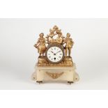 EARLY TWENTIETH CENTURY ALABASTER AND GILT METAL FIGURAL MANTLE CLOCK, the 3" Roman dial powered