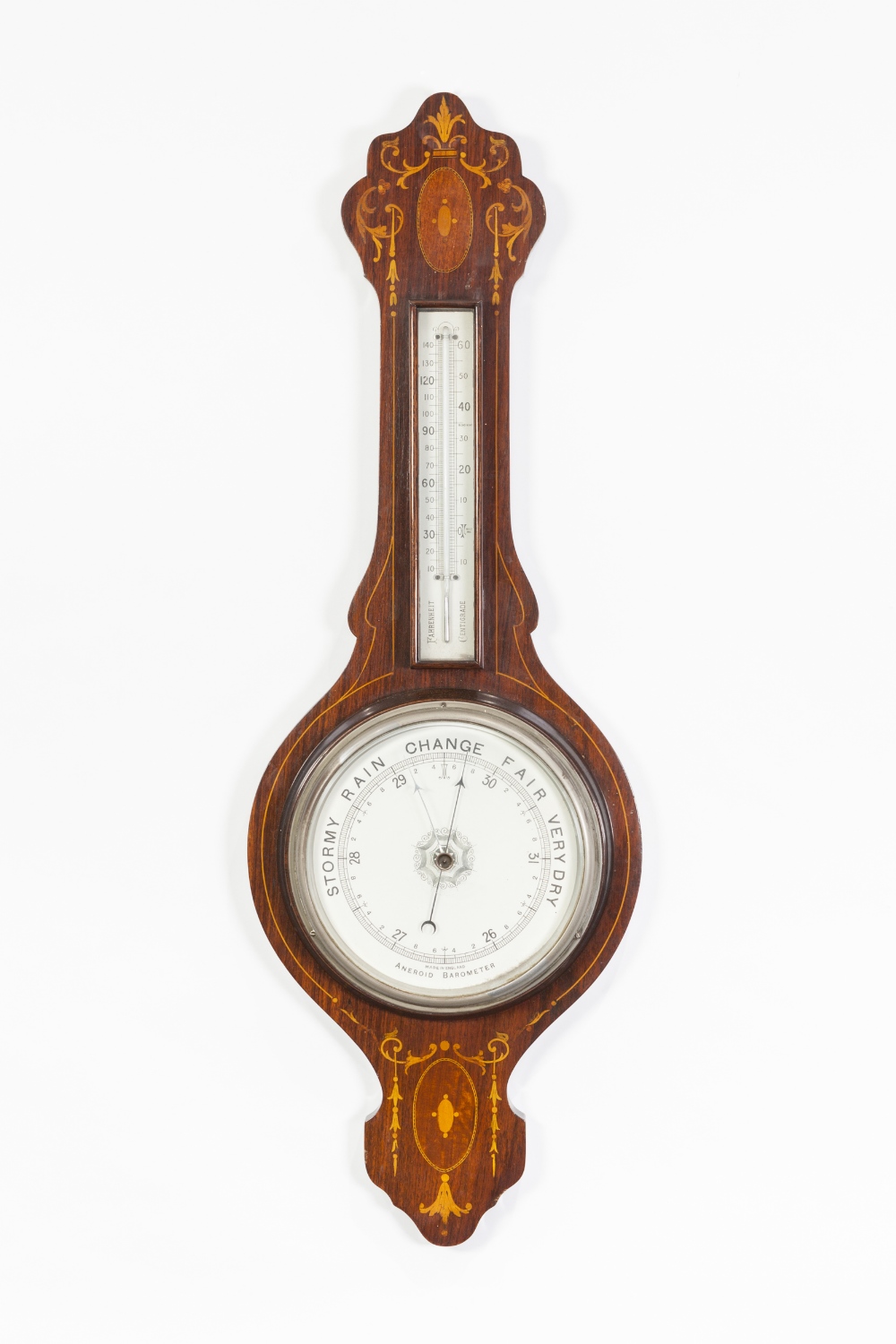 EDWARDIAN MARQUETRY AND LINE INLAID WALNUT ANERIOD BAROMETER, the 8" dial housed in a banjo shaped