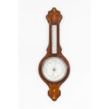 EDWARDIAN MARQUETRY AND LINE INLAID WALNUT ANERIOD BAROMETER, the 8" dial housed in a banjo shaped