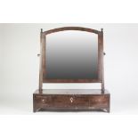 LATE GEORGIAN MAHOGANY TOILET MIRROR, the arch top plate in a crossbanded frame with square supports