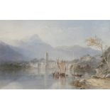 EDWARD TUCKER (1830-1909) WATERCOLOUR DRAWING Italian lake scene with town, small boats and